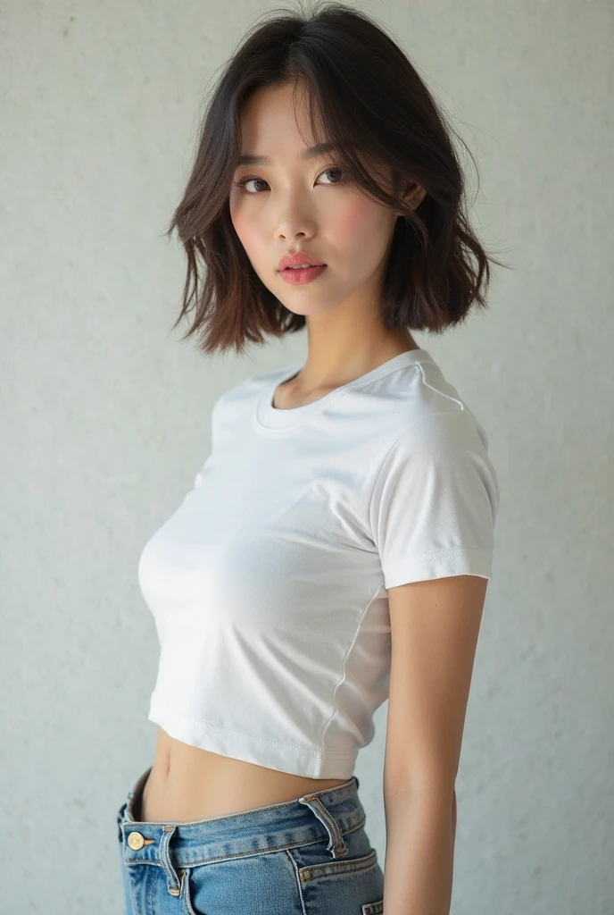 (Original photo: 1.2), (Realistic: 1.4), (Masterpiece: 1.3), (Best quality: 1.4), Dreamy, (detailed eyes), (detailed facial features), (detailed clothing features), Skin tightness, (Shiny skin), (Japanese face), (Perfect Girl), 1 Girl, Solo, Cute, Bangs, Short brown hair, Black eyes, (Big breasts), ((Shirt)), Dynamic pose, (Kodak Film Color) ((Camera not visible)) , (Studio Light) ,(crop top:1.3)