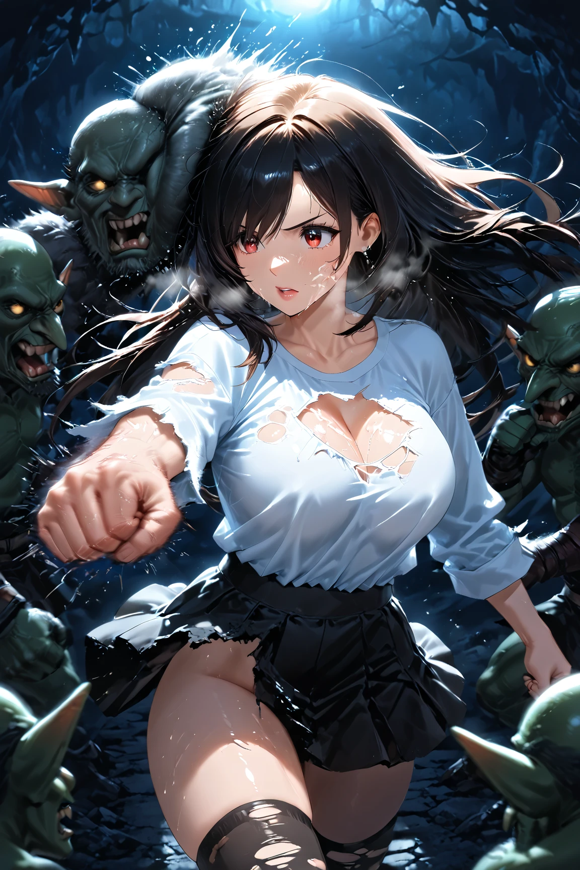 masterpiece, 最high quality, High resolution, Final Fantasy 7、Tifa Lockhart、Black torn clothes 、Black ripped pantyhose、In a dark cave at night、sexy、Wearing a mini skirt、Thin legs、Big Breasts、Slim figure、high quality CG Tone、Torn black panties、Surrounded by a group of goblins、黒いsexyな服、pinch、Black long hair、Fighting with women、High Kick、resist