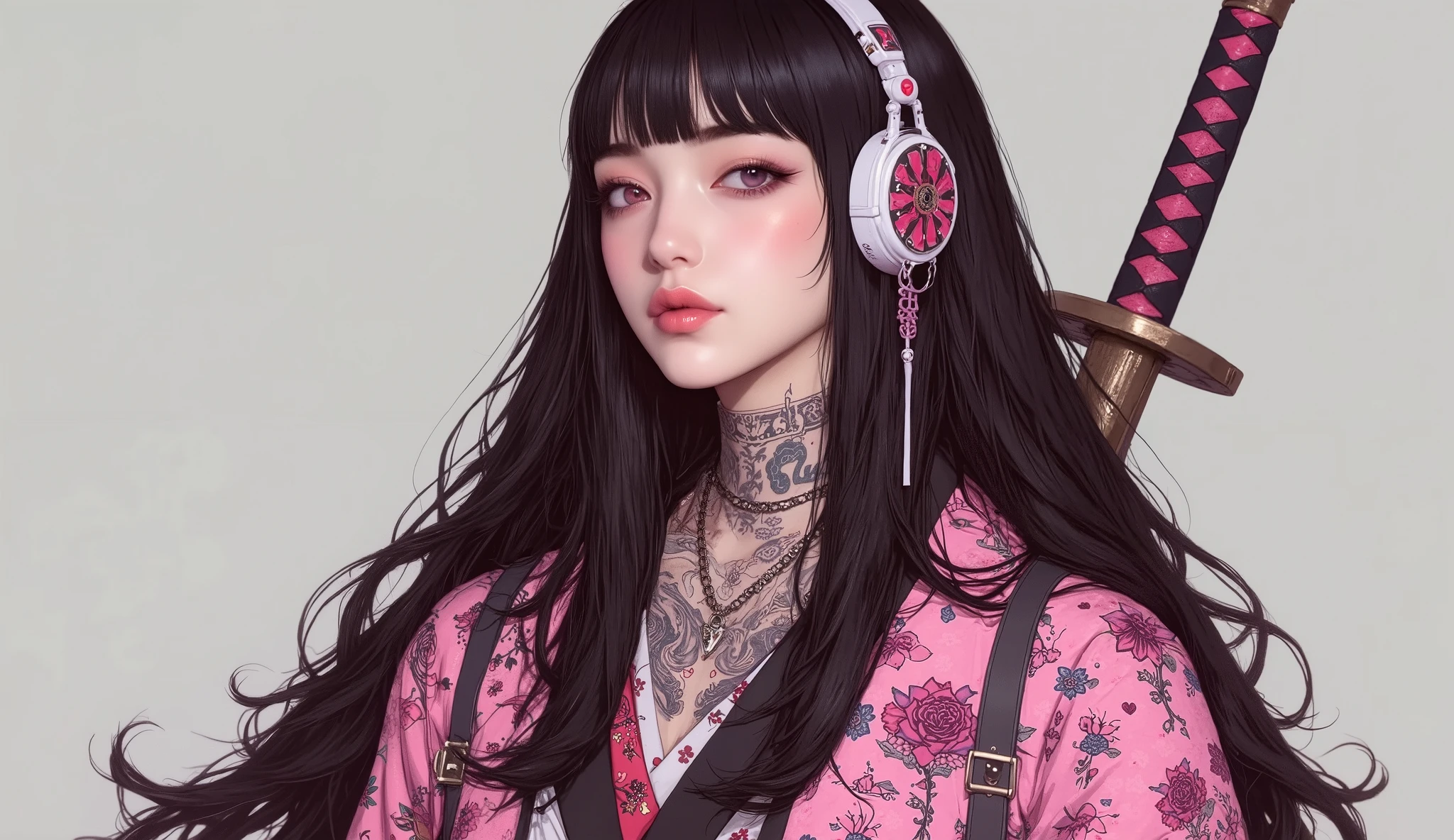 (masterpiece, ultra detailed,best quality,(((simple backgorund))), (((hip hop girl))), (((1 girl))), (((Flashy makeup))), (((Japanese style headphones))),((samurai sword at back )), (((kimono ))),(((TATOO))), beautiful girl, long multiCOLOR Hair, Delicate and precise,