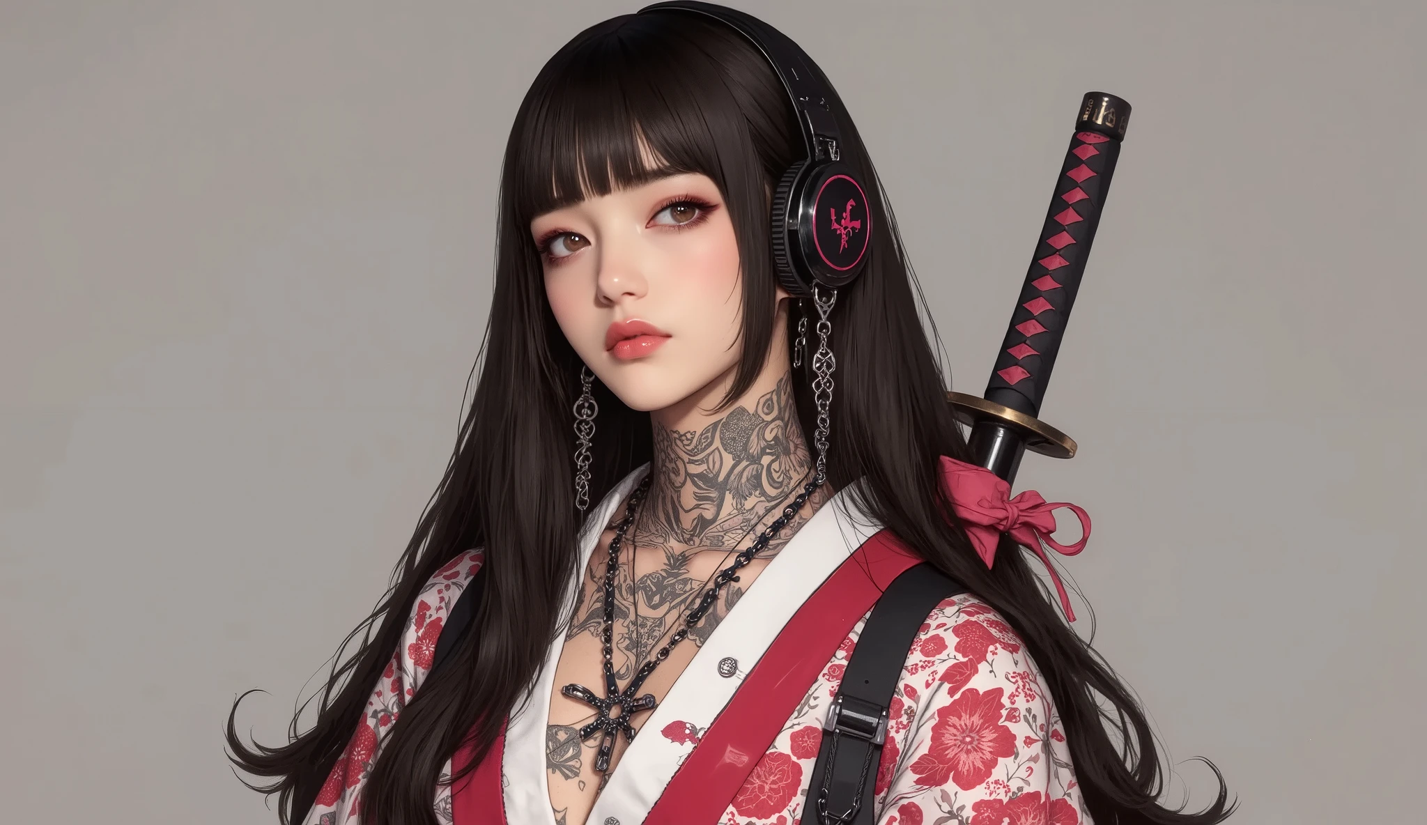 (masterpiece, ultra detailed,best quality,(((simple backgorund))), (((hip hop girl))), (((1 girl))), (((Flashy makeup))), (((Japanese style headphones))),((samurai sword at back )), (((kimono ))),(((TATOO))), beautiful girl, long multiCOLOR Hair, Delicate and precise,