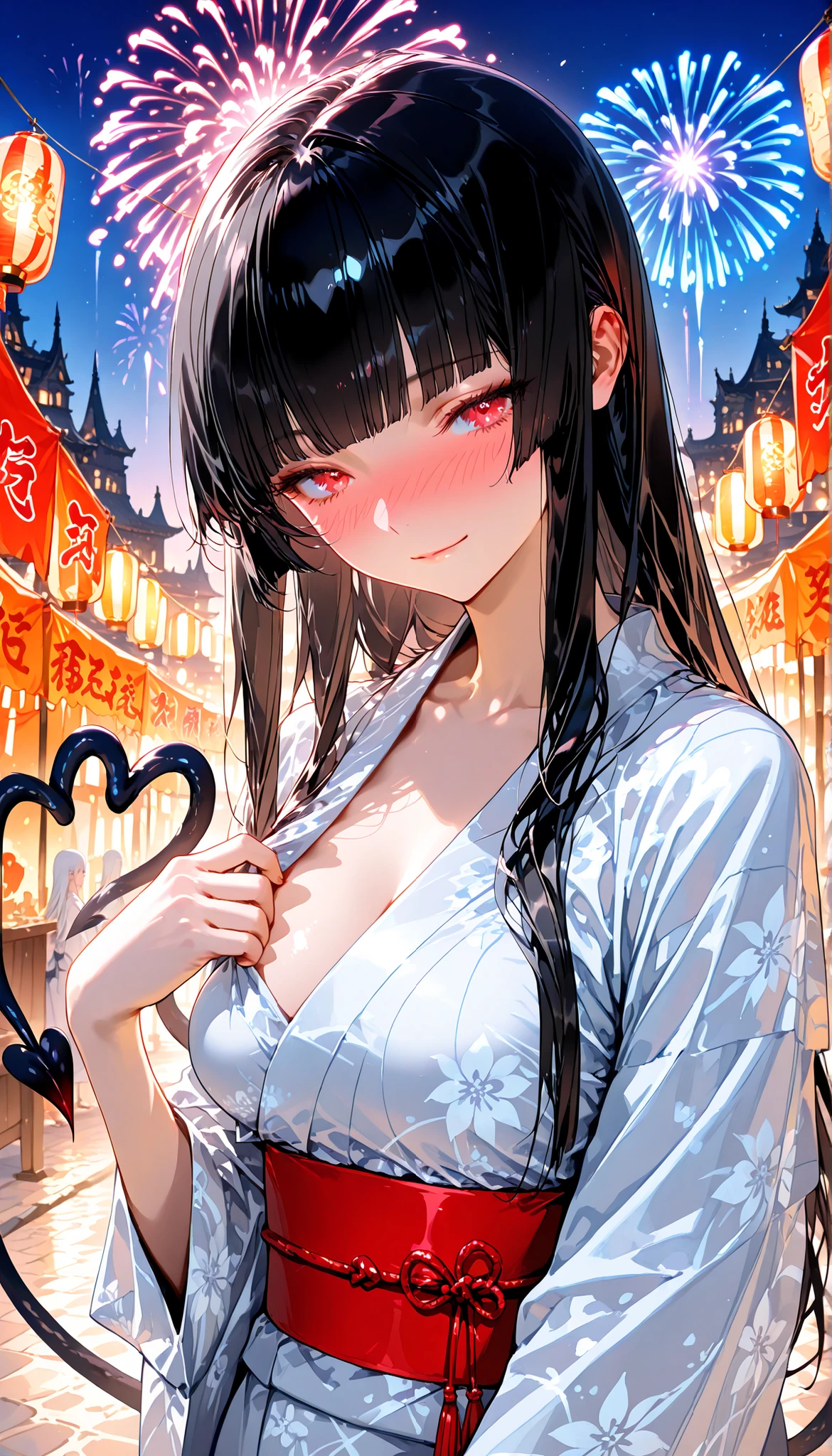 top quality, masterpiece, ultra-precise, ((top quality, masterpiece:1.3)), (sharp focus:1.2), (A beautiful, mature woman with a perfect body, seductive, 30-years), (red eyes), (선명한 눈매), (hime cut, long hair, black hair), (black heart shaped tail), light blue women's yukata), (A bright and cozy castle background, outdoor festival scene with colorful balloons and fireworks lighting up the sky.), full-face blush, medium breasts, light smile, upper body. (v-sign.)
