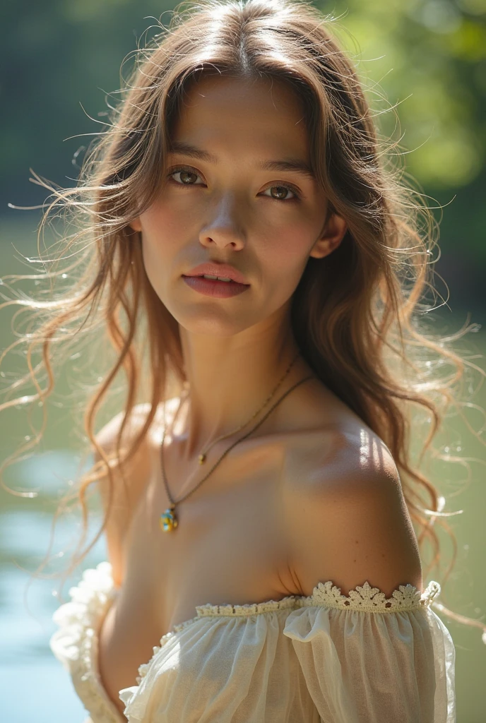The woman was fragile, with long, silky hair that fell in waves around her shoulders. Her eyes, large and piercing, were the color of a clear sky, emphasizing her vulnerability and inner strength at the same time. Her graceful face profile with clear lines, delicate features and soft smile gave her an impressive grace. Her skin was as soft as pearl, with a slight blush on her cheeks. Her every movement was smooth and graceful, creating a sense of ethereal lightness.The neckline. perfect detail, HD, 8K quality. Masterpiece, close up, realistic photo, complex details, sexy photo.
