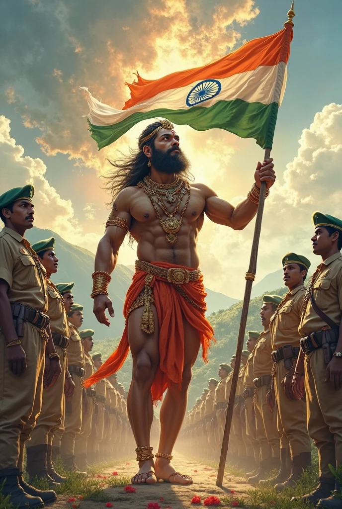 CREATE A IMAGE OF LORD HANUMAN WITH THE THEME OF INDIAN INDEPENDENCE DAY