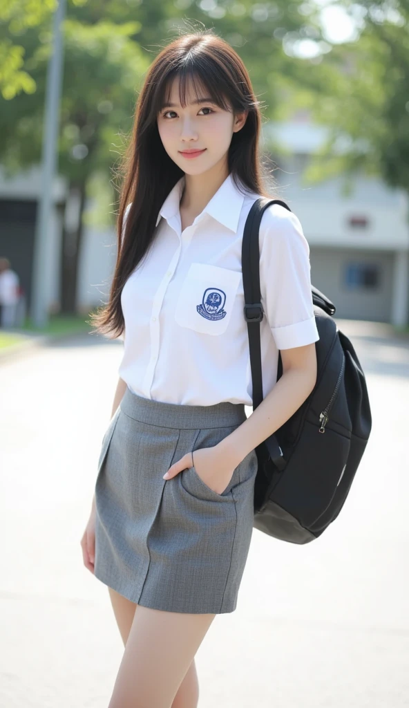 8K, masterpiece, ultra HD, intricate detailed, RAW photo, highly detailed, RAW photo, best quality, A beautiful girl, ars, slightly smile, wearing school uniform, white button up shirt with (chool badges:1.2), cleavage, small breast, ((grey mini skirt:1.3)), glasses, ((Sitting front view:1.5)), ((bare legs pose:1.2)), (sitting on classroom's chair:1.5), front view:1.5, Blured background, depth of field, (lift skirt by myself, show my white panties:1.1), half body shots, closer photo taken, barefeet, Slim body, slender legs, slim muscular body, small breast, wavy hair, ash-brown hair color, ((front view:1.5)),cameltoe, softbox light from front,1 girl ,solo,beauty,1girl
