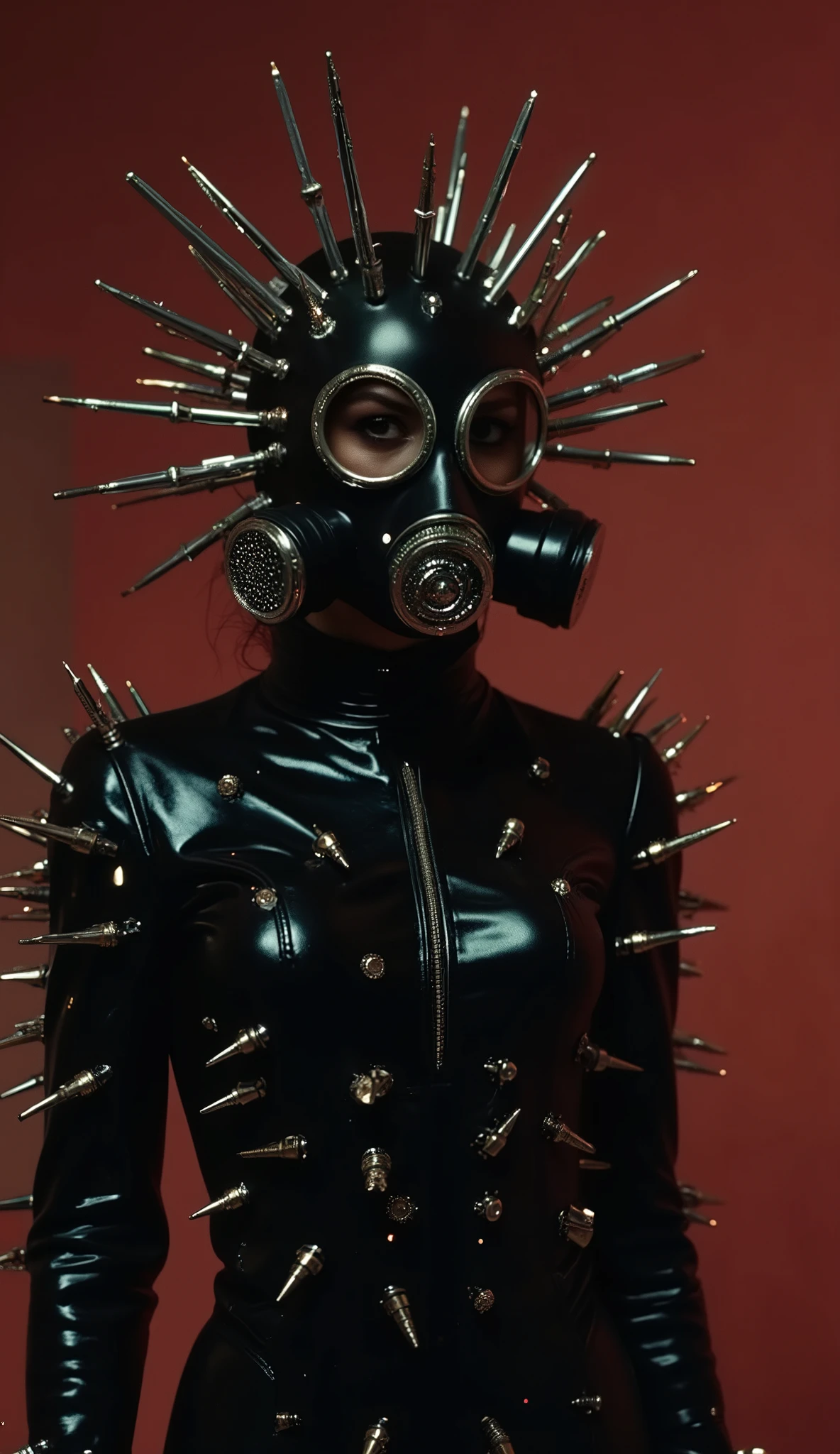 film (2929) Luis Buñuel. Close-up of a sinister woman in a black leather suit with spikes and whips, She wears a large gas mask, inside design space , in fhasion style posing with everyday elements , messy and chaotic palace , Experimental Art. masterpiece