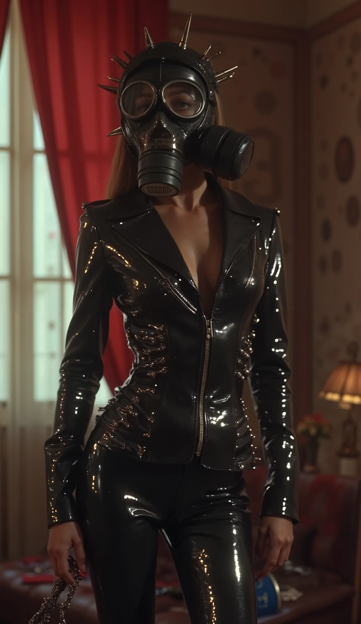 film (2929) Luis Buñuel. Close-up of a sinister woman in a black leather suit with spikes and whips, She wears a large gas mask, inside design space , posing in fhasion style with everyday elements , messy and chaotic palace , Experimental Art. masterpiece