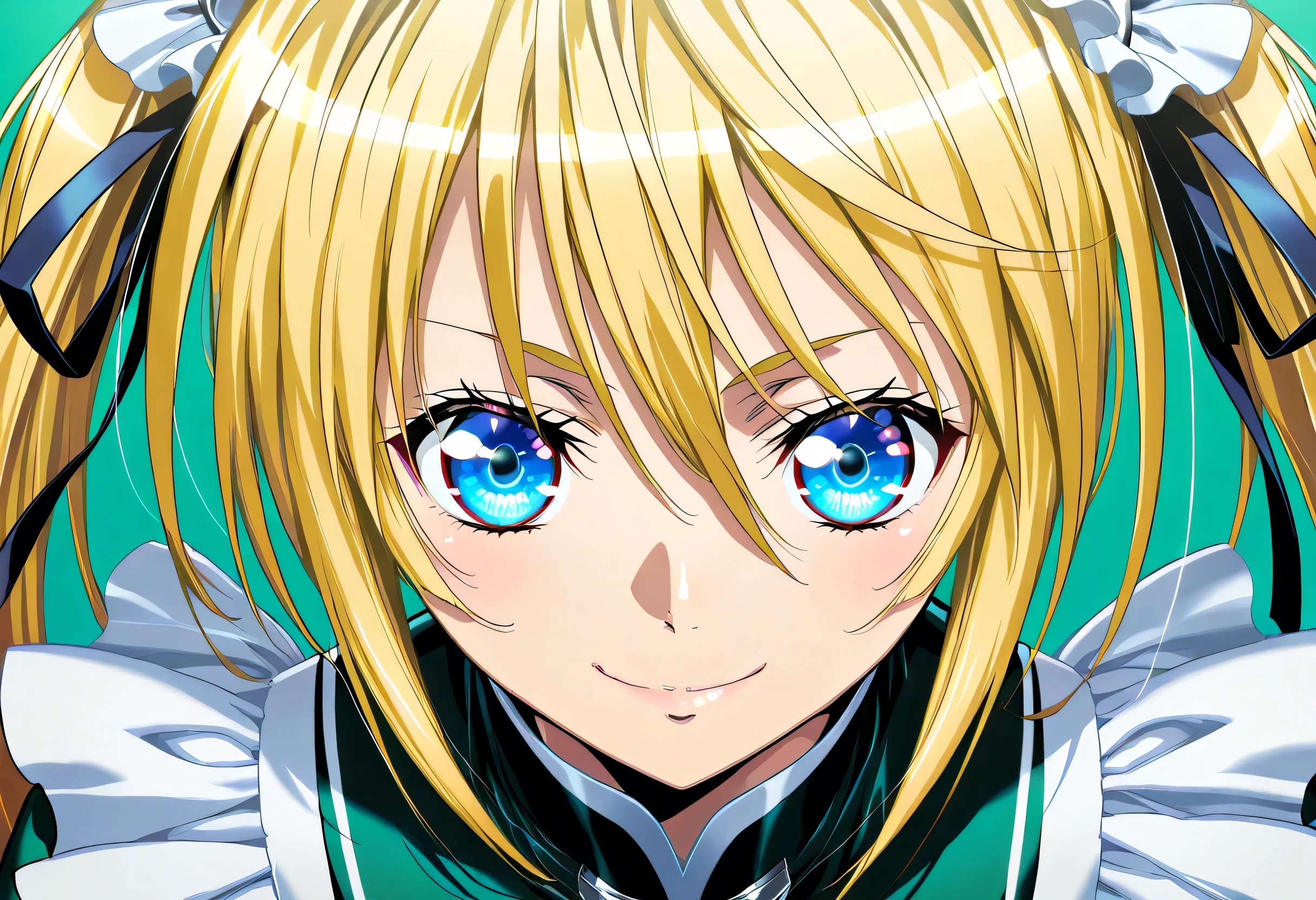 masterpiece, Highest Quality, newest, high definition, 1 girl on break day, Yokota Mamoru Style,motion line floating on impact,very straight nose, slim,thin face,perfect nose,staring at the viewer,charming smile、(Face close-up 1.4)、Tsukiumi (Sekirei) Wagtail painting style, blonde_hair, usually_chest, standing, solo, Tsukiumi_green_maid_dress, twin tails_Tsukiumi, masterpiece, Highest Quality, detailed face, detailed eyes, high definition,long hair, blonde hair, greenい目,