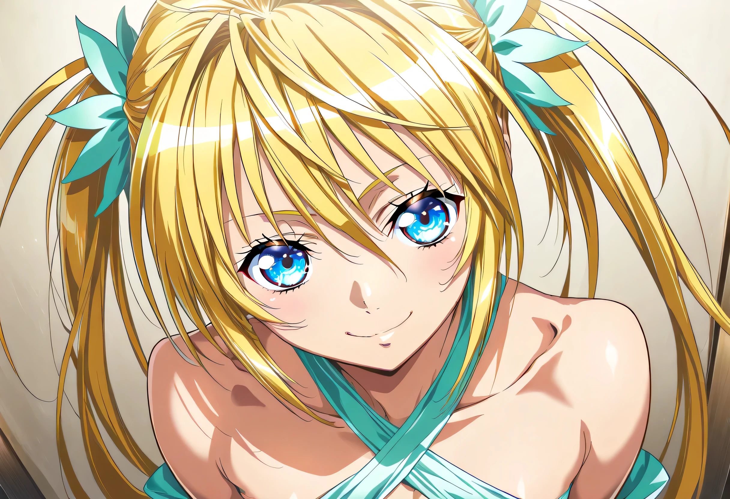 masterpiece, Highest Quality, newest, high definition,  1 girl on break day, Yokota Mamoru Style,motion line floating on impact,very straight nose，  slim,thin face,perfect nose,staring at the viewer,charming smile、(Face close-up 1.4)、Tsukiumi (Sekirei) Wagtail painting style, blonde_hair, usually_chest,  standing, solo, Tsukiumi_green_maid_dress, twin tails_Tsukiumi, masterpiece, Highest Quality, detailed face, detailed eyes, high definition,long hair, blonde hair, greenい目,