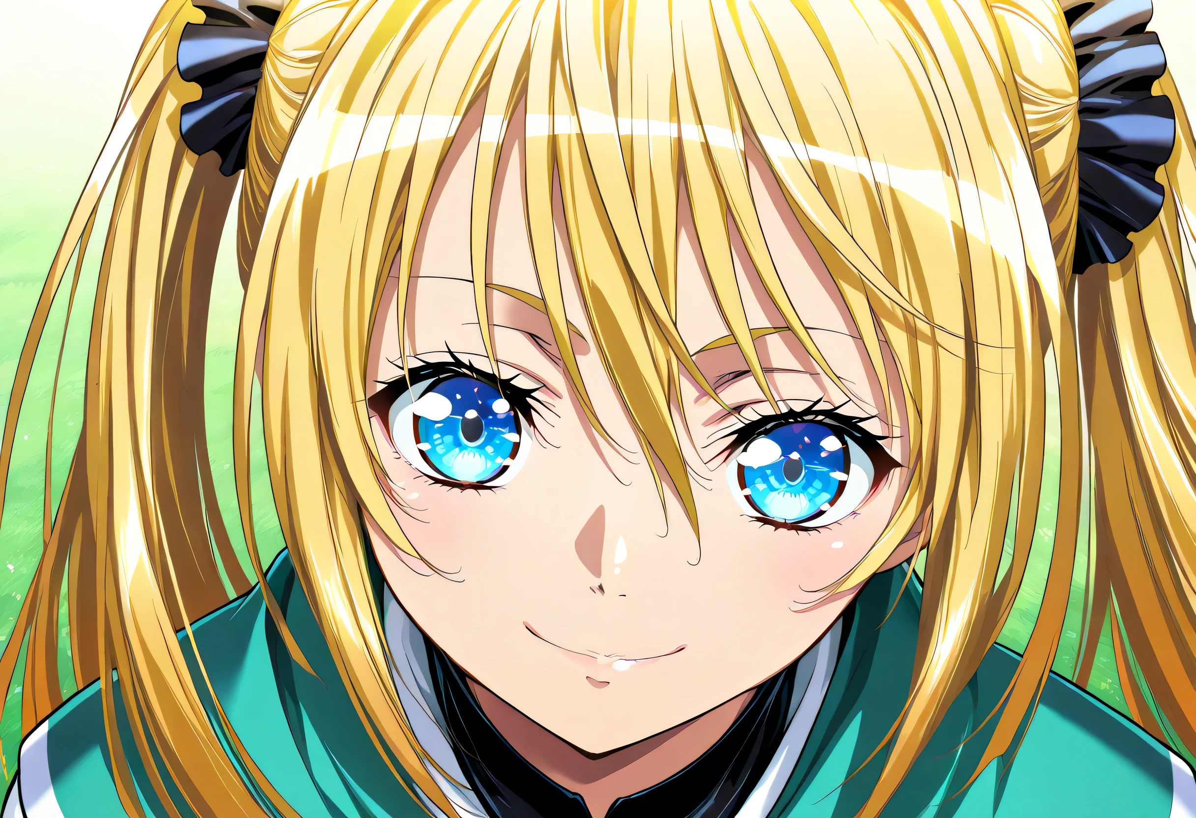 masterpiece, Highest Quality, newest, high definition, 1 girl on break day, Yokota Mamoru Style,motion line floating on impact,very straight nose, slim,thin face,perfect nose,staring at the viewer,charming smile、(Face close-up 1.4)、Tsukiumi (Sekirei) Wagtail painting style, blonde_hair, usually_chest, standing, solo, Tsukiumi_green_maid_dress, twin tails_Tsukiumi, masterpiece, Highest Quality, detailed face, detailed eyes, high definition,long hair, blonde hair, greenい目,