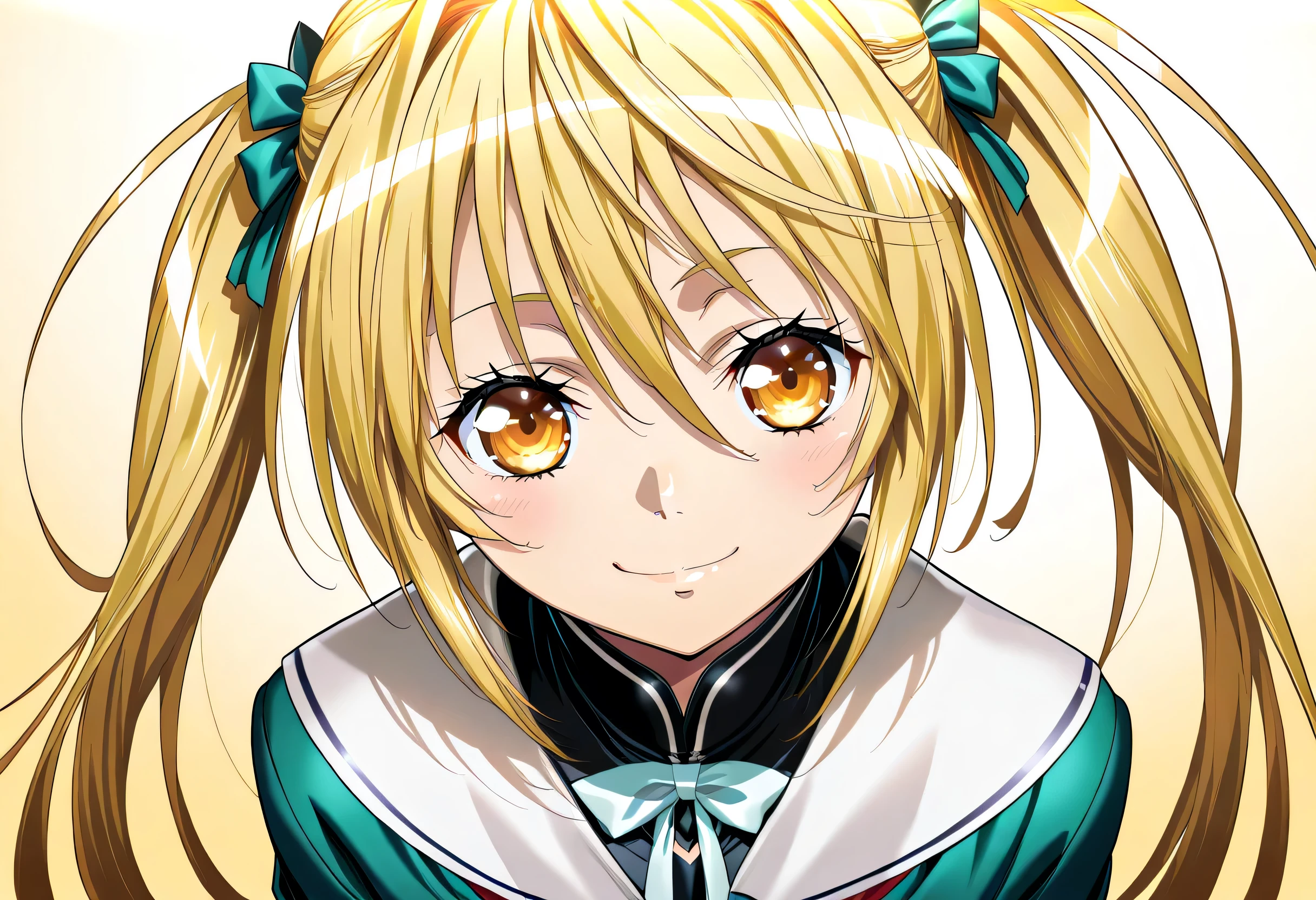 masterpiece, Highest Quality, newest, high definition, 1 girl on break day, Yokota Mamoru Style,motion line floating on impact,very straight nose, slim,thin face,perfect nose,staring at the viewer,charming smile、(Face close-up 1.4)、Tsukiumi (Sekirei) Wagtail painting style, blonde_hair, usually_chest, standing, solo, Tsukiumi_green_maid_dress, twin tails_Tsukiumi, masterpiece, Highest Quality, detailed face, detailed eyes, high definition,long hair, blonde hair, greenい目,