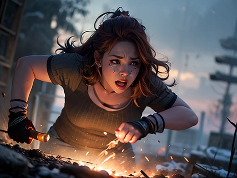 fighting scenario, woman with long crimson red hair, beautiful make-up and thick bulging fat bbw, delivering a massive face punch, shockwaves rippling across her, high quality, cinematic, ultra-detailed, photorealistic, dramatic lighting, intense motion blur, volumetric fog, dynamic camera angle, epic fantasy, dark moody atmosphere, glowing energy field, intricate facial features, clenched fist, shattered ground, storm clouds, golden hour , providing bloody blow to the face of another