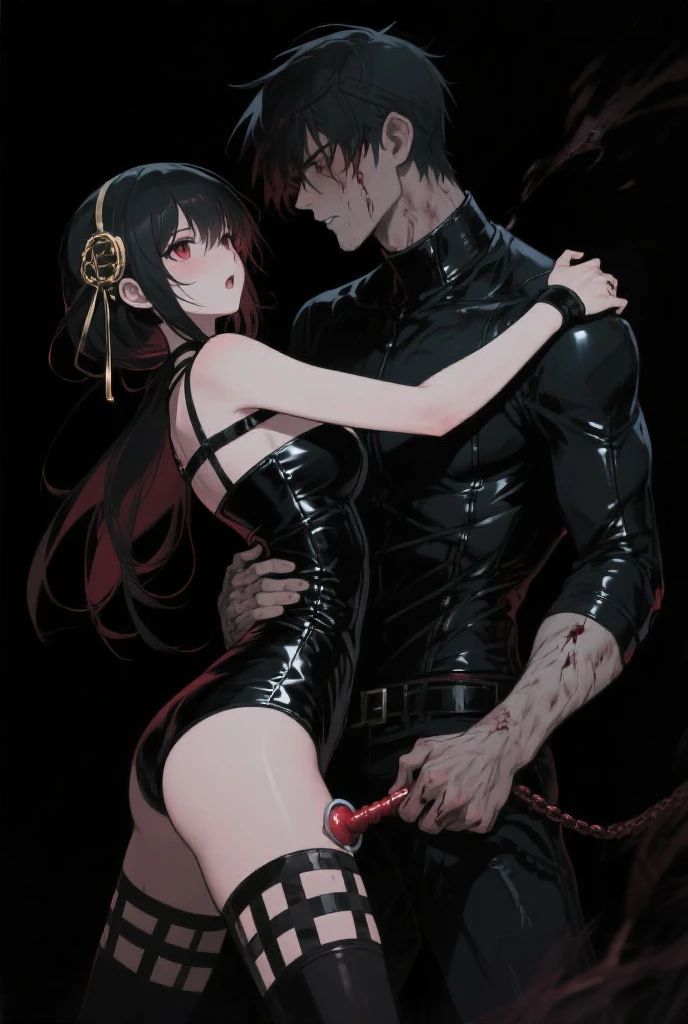 Short black hair, red eyes. A man with an expression of ecstasy or despair. A red obscene tattoo on his stomach. A large amount of semen dripping from his asshole. A large amount of breast milk overflowing from his nipples. Black gloves. Drool dripping from his mouth.