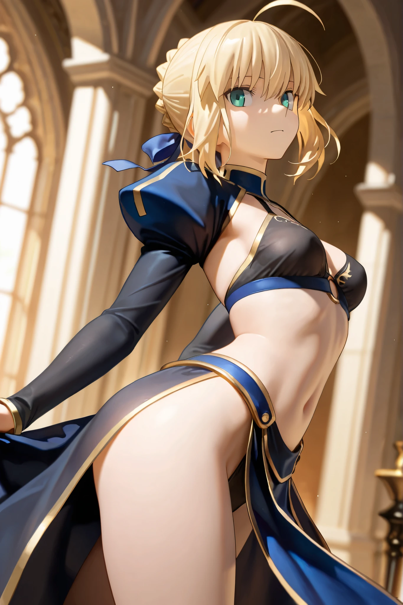 artoria、NSFW、small tits、flat breast、(A smile)、(embarrassed from)、(red blush)、Photorealsitic、bitch blue metallic micro bikini、Smile embarrassedly、Erotic body、overknee socks、gloves、Bluepin Heels、(uterus)、(Love Juice)、(urethra)、a park、open leg、