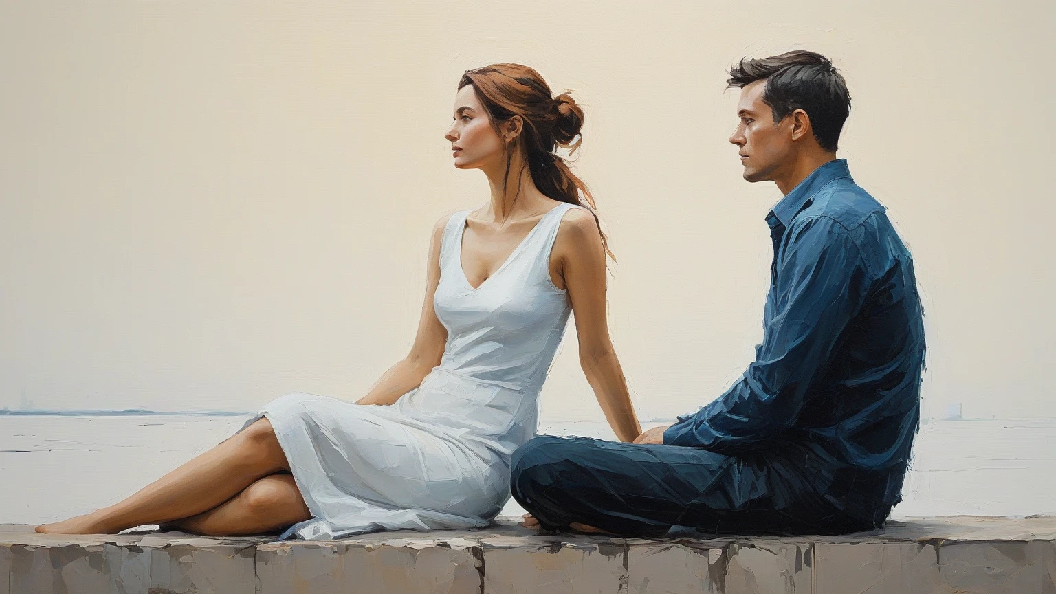Oil painting, Blue and green colors, woman and Man sitting and looking ground, darkness, sadness, faded, spilled, dark, artistic, 