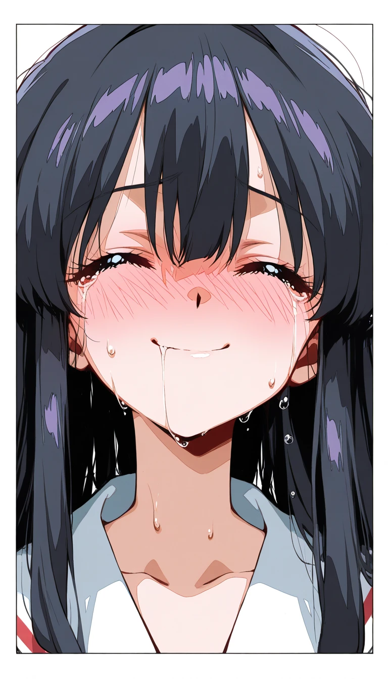 nsfw,portrait,1 girl,black hair,Tongue out,Androgynous,medium hair,sidelocks,Covered,masterpiece,best quality,very aesthetic,absurdres,upper body,straight-on,large,Covered,Smile,(upturned_eyes),From above,cum in Tongue,Ahegao,attractive,(Bukkake:1.5),(happy),(Steam:1.3),(Open Mouth:1.3)