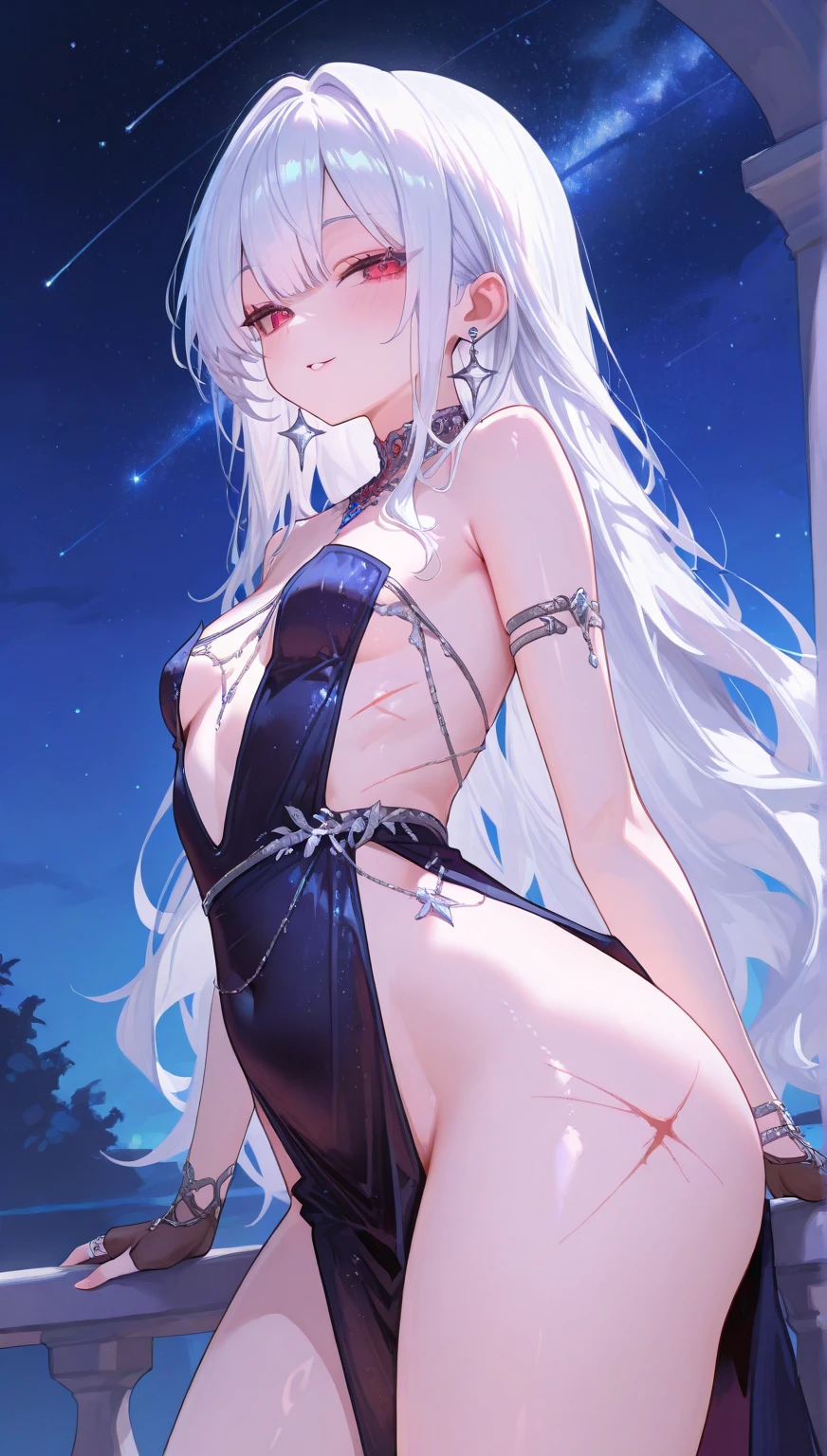 cinematic,Arkonidina, Red iris, Stunning white hair of a beautiful woman in micro rope bikini standing in a futuristic setting. Beautiful leg with long barrel socks She is in the setting of a mysterious city embraced by a galaxy full of stars, representing prosperity. Your porcelain skin shines, radiating ethereal beauty. Her long flowing white hair, pure as freshly fallen snow, cascade down the shoulders and bust, emphasizing your real presence. Overknee boot socks lying on a tree. fantastic eyes,((front and back image of the character))photorrealistic
