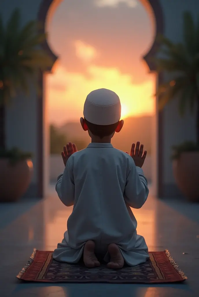 A 15-1 boy prays in a white hat, sits at an ablution site and washes his feet, with trees and huts behind him.   The day will be dawn, and in the sky is written in Arabic, Bismillah hi rahman ni rahim