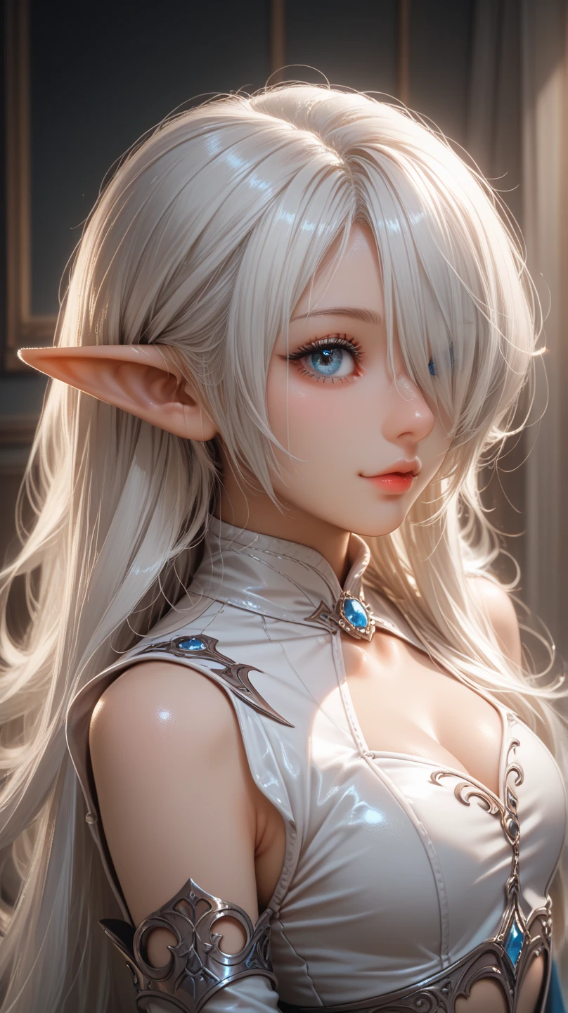 elf girl with white hair, beautiful art around her.