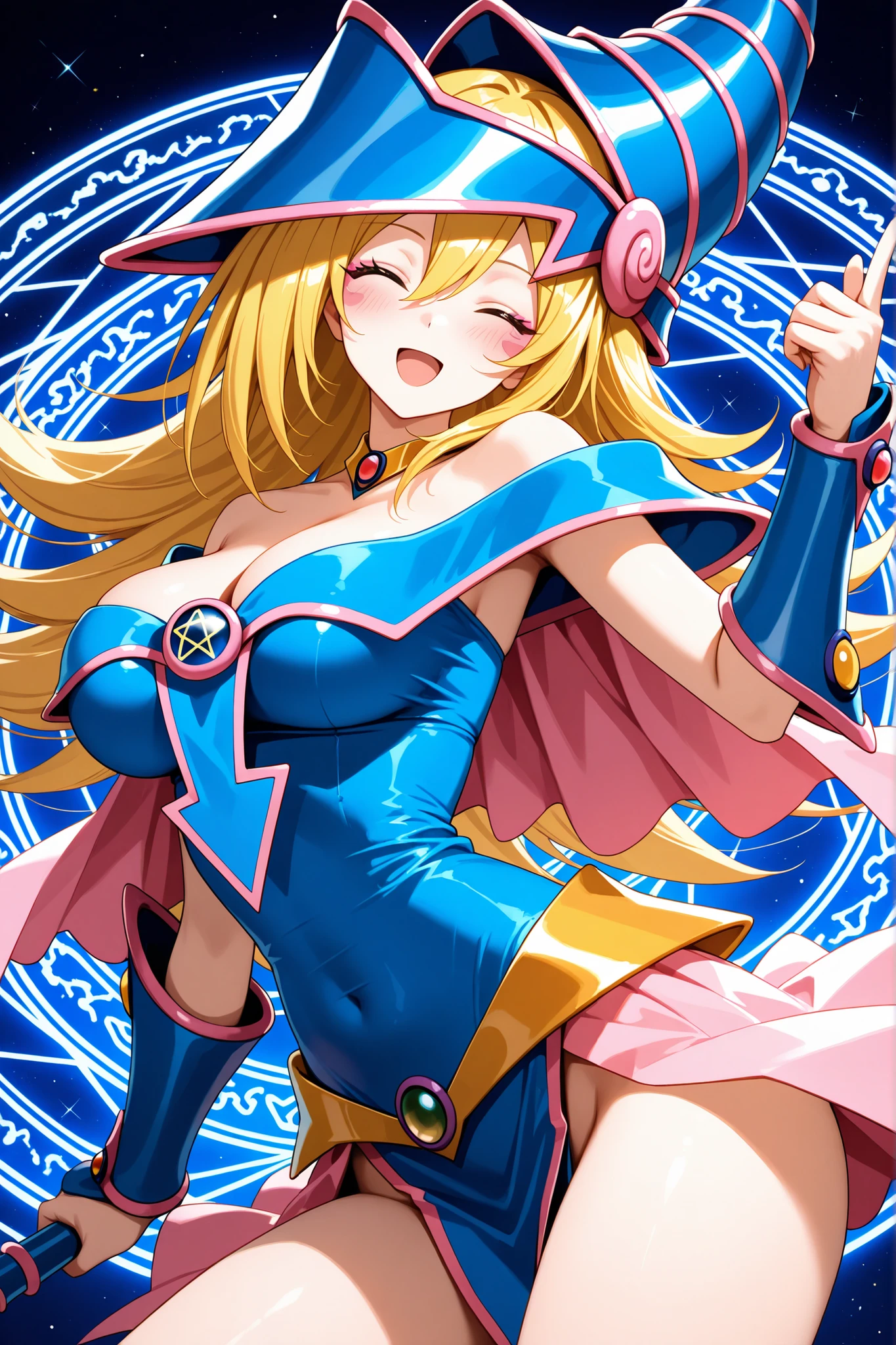 Black Magician Girl、super breasts、thick thighs、blonde hair、magic circle、8K, 4k, highest quality, High resolution: 1.2),winking、One breast exposed、cute anime face、Pink blush on cheeks、noise removal、Leotard that bites into、have a cane、Hold your cane、Rear view、Turning around