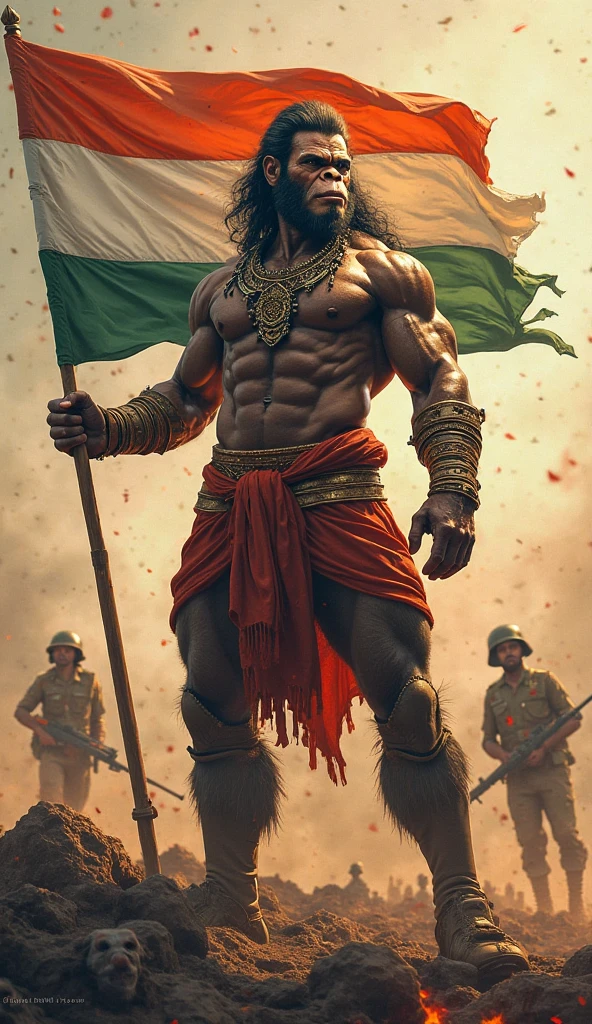 "Create an image of a powerful, muscular, and majestic humanoid figure with the head of a monkey, resembling Lord Hanuman. The figure should have long flowing hair, a fierce expression, and glowing eyes. He is adorned with the Indian tricolor (saffron, white, and green) draped as a sash across his chest, symbolizing patriotism. A prominent pendant with the Ashoka Chakra hangs around his neck. The background should be minimalistic, focusing on the figure's intense and divine presence, with subtle lighting highlighting the muscular definition and details of the figure."