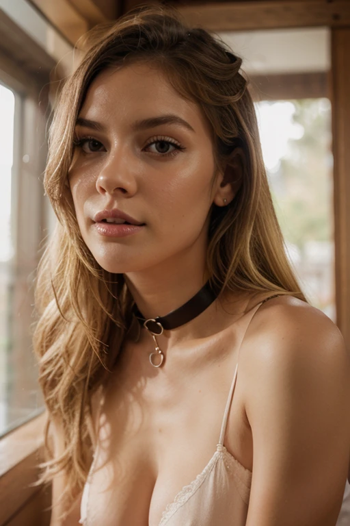 Submissive girl with a collar on her neck