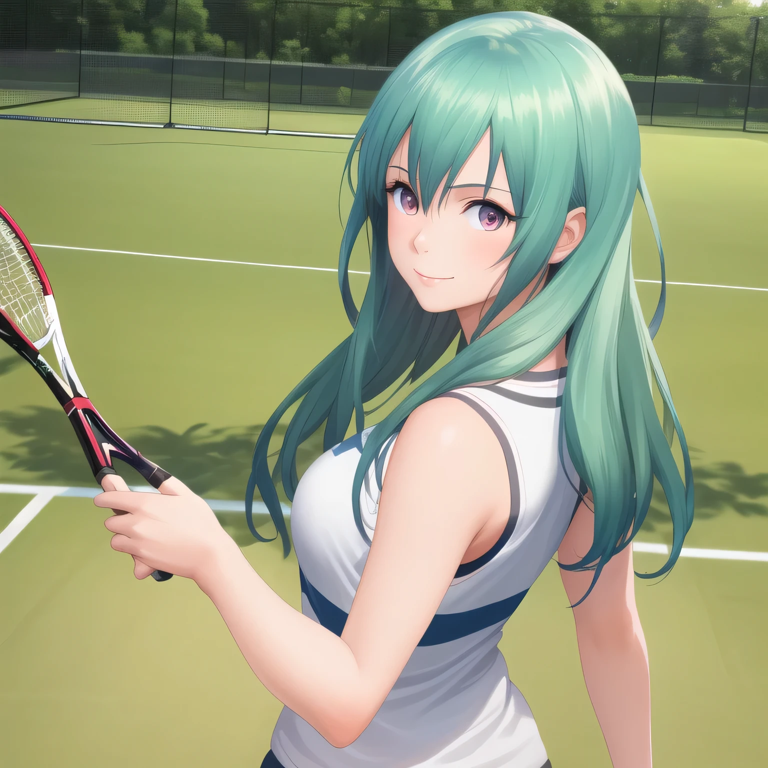 A young female tennis player in a sleek blue outfit stands ready, gripping her racket with both hands in a poised stance. Sunlight accentuates the crisp lines of her attire and the polished strings of the racket. Her determined gaze locks onto an unseen opponent, exuding confidence and focus. The lush green grass of the tennis court stretches into the distance under a clear blue sky. This dynamic scene blends elegance, power, and athleticism, capturing her readiness to strike with precision and grace.A 20-year-old woman smiles gently, friendly. (RAW photos, top quality), (realistic, photo-realistic:1.4), masterpiece, extremely delicate and beautiful, highly detailed, 2k wallpaper, ultra-detailed CG unity 8k wallpaper, ultra detail, high res, soft light, beautifully detailed girl looking back, extremely detailed eyes and face, beautifully detailed nose, cinematic lighting, perfect anatomy, slender body. Green hair, long hair, purple eyes.