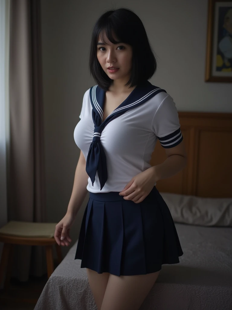 (masterpiece, best quality:1.2, perfect hands, parfect fingers, parfect face, high resolution, high detail, 16k), 1 girl, solo, cute, (((junior, teen, childish, 13 years old, baby face, middle school student, js))), japanese girl,smile, cowboy shot, hotelroom, black serafuku, half sleeve, sailor scarf, pleat skirt, full-body tattoo, gigantic breast, huge nipple,nipple piercing, large areola,