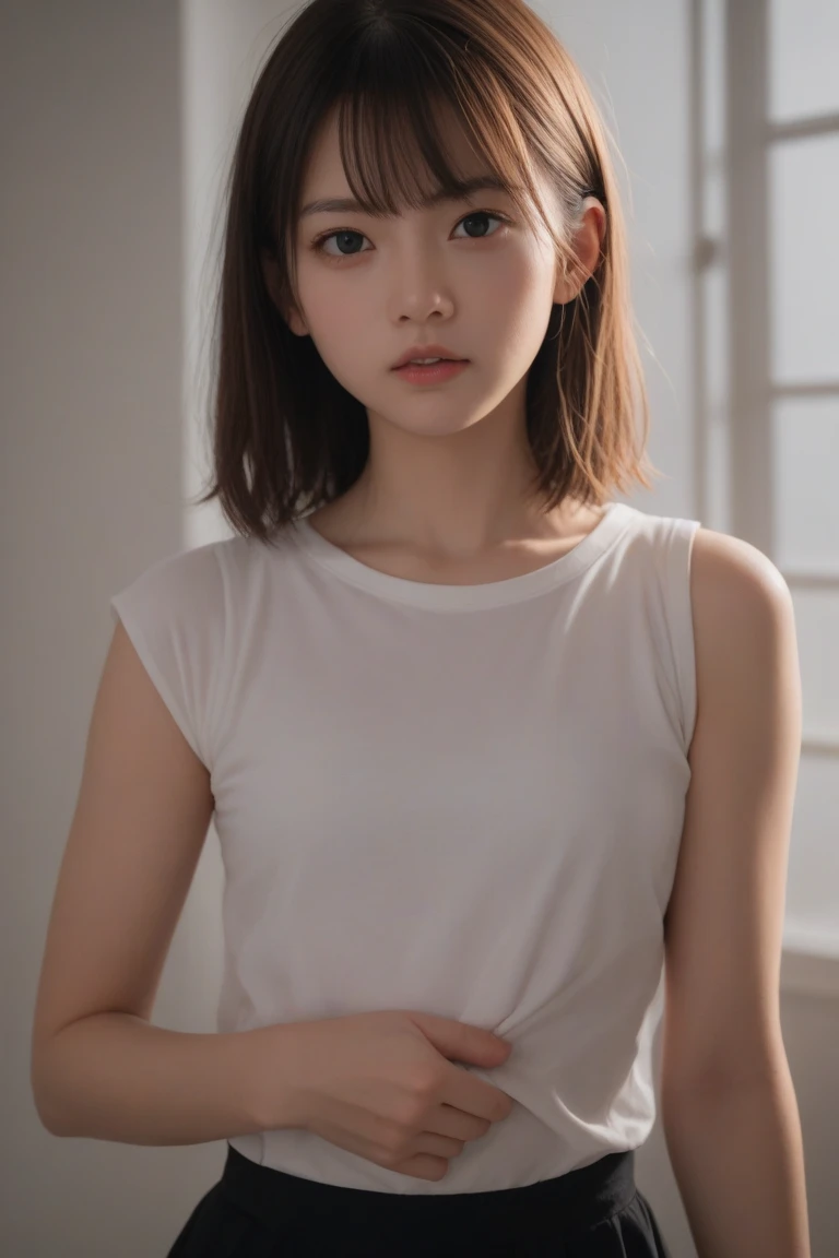 Picture taken from the front, with the left and right sides equally spaced, draw symmetrically, simple background, equally spaced left and right, stand upright, cowboy shot, (arms behind back:1.5), One girl, 18 years old, very short hair, ((white shirt, navy blue panties))