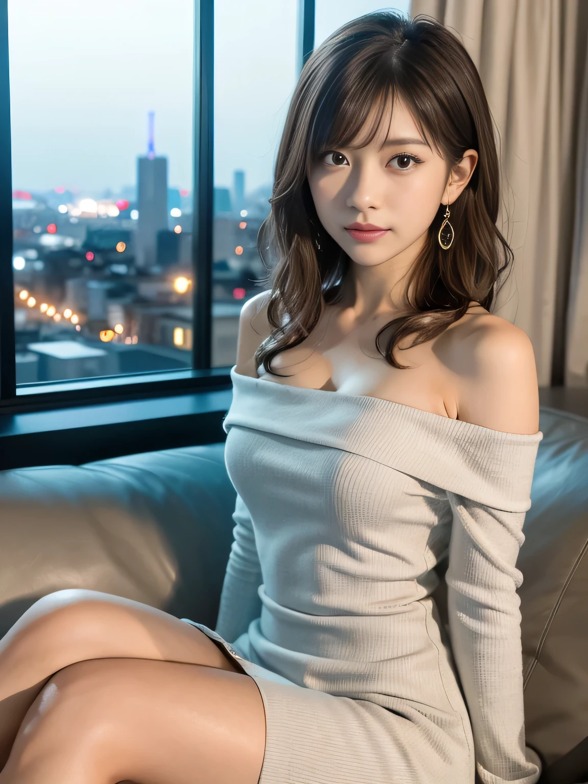 (((Medium hair))), top-quality, 8K, HDR,high-level image quality、Shot with a professional camera、8K,Japan girl posing for photo, Japan Idols、open-chest knit sweater, Traditional beauty,,beautiful goddess,,Beautiful brown eyes ,sweet shy, Sit with your legs spread in an M-shape and open your crotch、Sit with your legs open、Water splashes from the crotch、Water drips from the crotch onto the ground、Sexy body、Rocket big breasts、Super big breasts big breasts、Skyscraper rooftop at night、nighttime scene