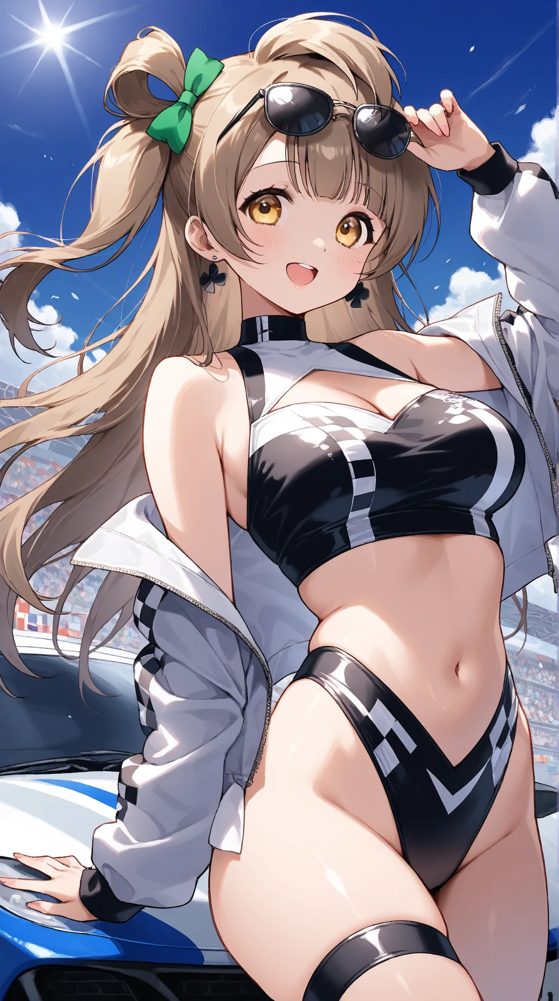 (tuxedo jacket), (light blue leotard), smiling(short height)(young girl), (black bunny ears), (huge round breasts)(big boobs), narrow waist, belly button, narrow hips, (bare hips), (thin legs)(bare legs), (narrow thighs), (white high-heel), (reddish brown ponytail)(white ribbon), nightscape, city lights, (Highly Detailed CG Unity 8K Wallpaper) (Better Quality) (Better lighting)