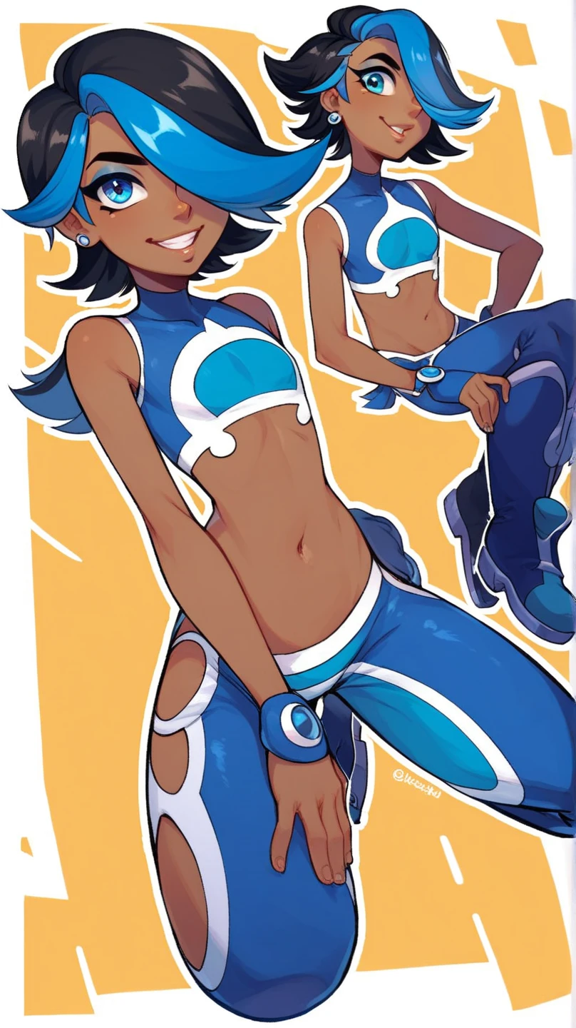 uhd, face detail, MICRO BIKINI,korra,dark skin, dark-skinned female, ponytail, hair tubes, white background: 1.5, smile