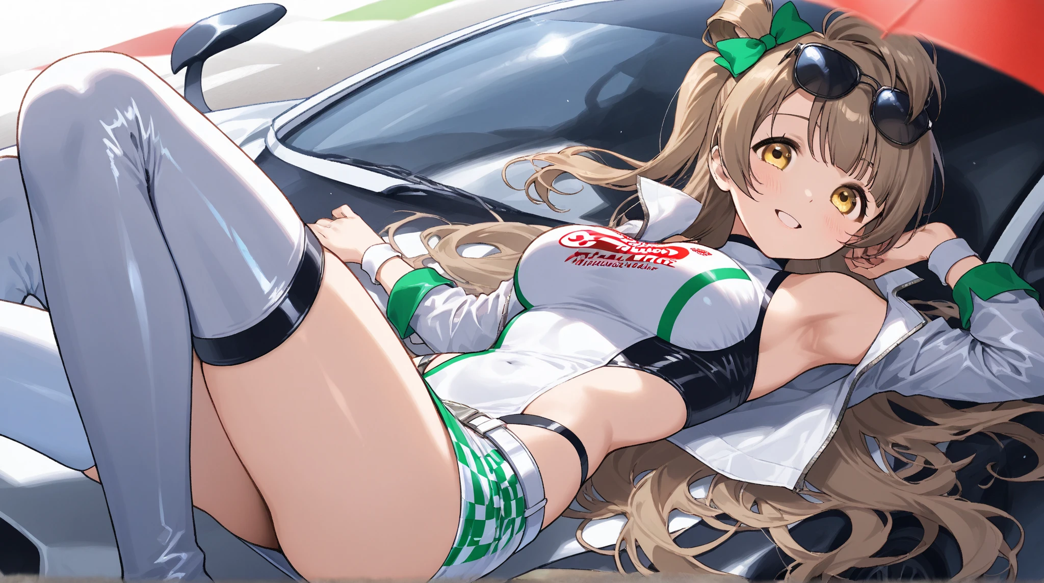 2 Asian girls, both farting in car sitting side by side, desperate to poop, in toilet, farting while sitting in car, wearing sports outfit, stomach bloated, hangs holding stomach, pained expression, shocked and embarrassed, mouth open in shock, sweating, blushing, beautiful and cute face, anime art style, fit body, tall and thin, view from back