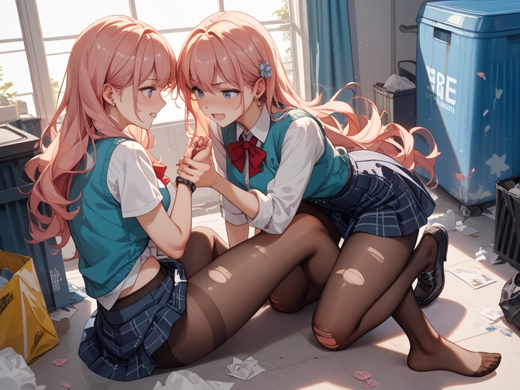 (masterpiece, Highest quality), (((Perfect Anatomy, Anatomically correct))), ((1 Girl)), short hair, Blunt bangs, Light brown hair, happiness, Green Eyes, hair ornaments, School_uniform, short_Dispel, just_feet, blue sky, window, Front view, Insights,The body is slim, Compresses on the chest, ((Beige cardigan,Green pleated skirt、Blue Neck Ribbon、White knee-high socks)),Pastel colored pantiesが見えている、((Pastel colored panties))、((Shiny panties))、((Normal location:1.4))、(((Straddle)))，((feetを開いて座らされた…))、((orgasm:1.6)),((((M-shaped legs:1.1))),((Lift up your shirt:1.5)),((Showing off your bra)),(((Lace bra))),Award-winning bra designs、Random Color Bra、((((M-shaped legs:1.1)))、((orgasm:1.3)),((((M-shaped legs:1.1))),(((Sex with a man))),(Vagina Penis),Erotic atmosphere,Stupid,shortness of breath:1.6,((Pussy juice:1.3))