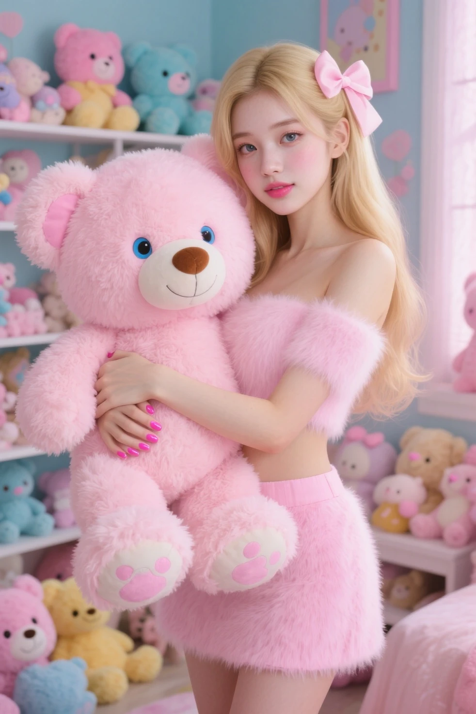 Create a cheerful character with long blonde hair and bangs, wearing a pink oversized shirt with strawberry graphics. The character also wears pink and white striped thigh-high socks and pink bear ear accessories. The perspective of the image is from below, looking up at the character who is playfully posing with one foot forward. The background is an indoor setting with various decorations on the wall, including posters and a small cart visible on the right.