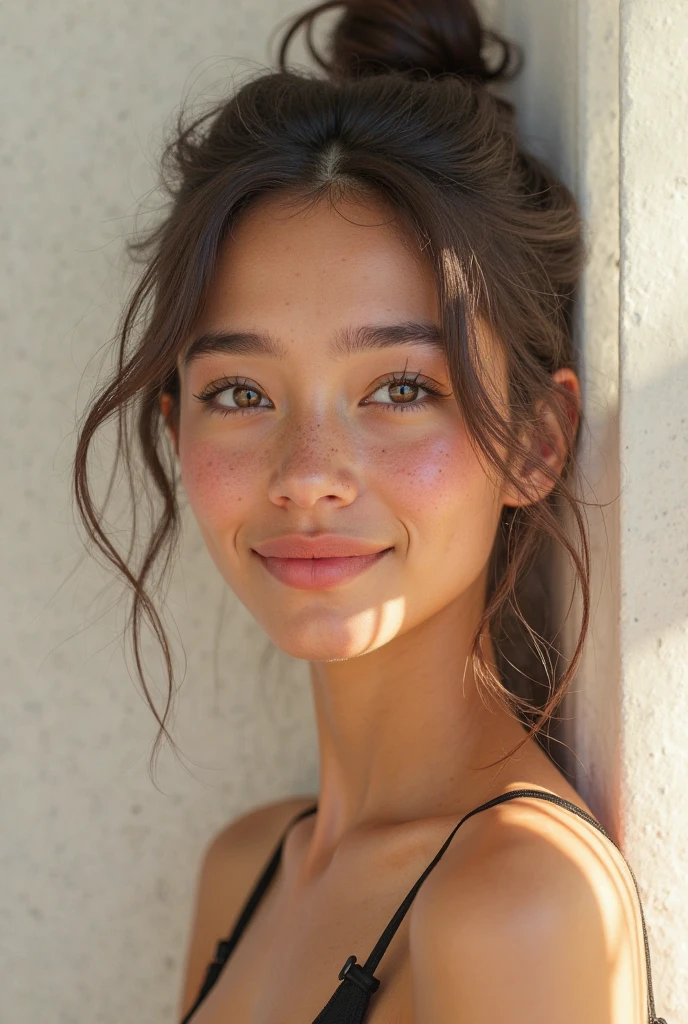 1girl. Tan skin, freckles on nose, freckles on cheeks, dark brown hair, wavy hair, young, pregnant,