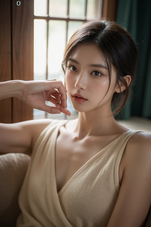 Masterpiece, beautiful details, perfect focus, uniform 8K wallpaper, high resolution, exquisite texture in every detail,),sharp focus, half chinese, 25 year old woman, solo, photography, influencer, instagram, breasts, smile, double-lid, long black wavy hair, cleavage, big , indoors, parted lips, day, black eyes, lips, realistic, laying on a bed