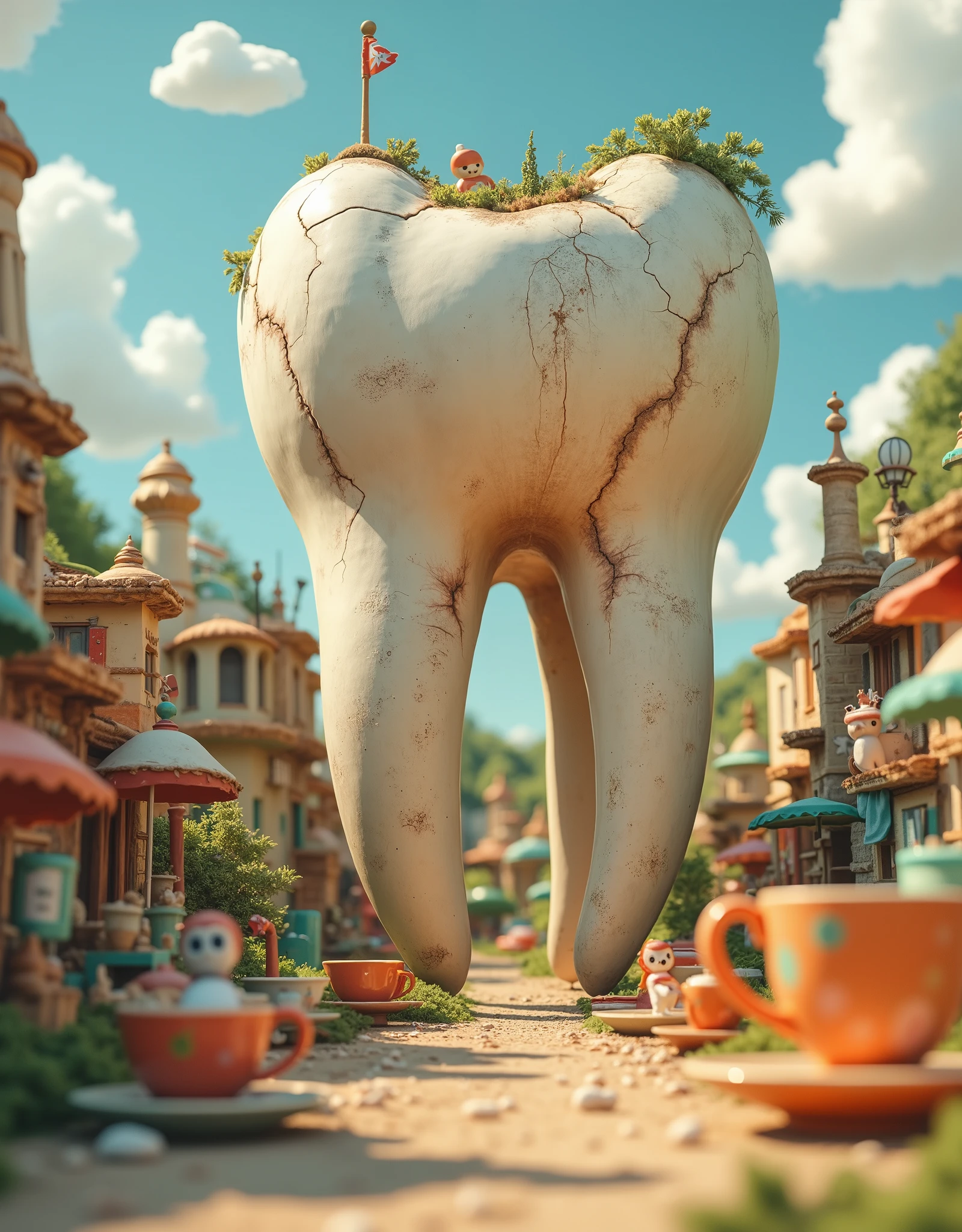 Cute 3D cartoon of a giant tooth, stained with dirt, in a tiny town. Houses or buildings are shaped like cups of tea, coffee, and cigarettes, and there are many tiny toothed people living in the town. Wide view.