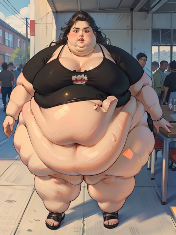 Latina woman, long brown hair, tan-bronze skin, BBW, plus size milf body, chubby figure, chubby face, attractive face, mascara, red lips, beautifully detailed eyes, carefree smile, confident expression, walking down the streets of Miami, looking at viewer, (wearing red tank-top, shiny black leggings and golden bracelets),  wide hips, large thighs, beautiful thick female, thick thighs, she has a jiggly fat round belly, she has a wide load butt, walking down the streets of Miami, best quality, cinematic lighting,  detailed background, soft volumetric lights, intricate details, (ArtStation:1.2)
