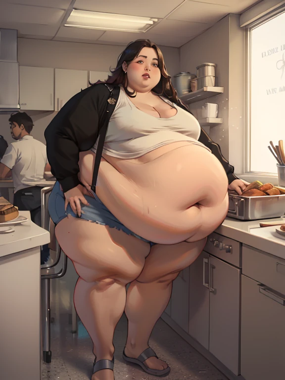 (masterpiece, best quality, absurdres, detailed, realistic:1.3), beautiful american woman, (ager, young), USSBBW, (morbidly obese:1.7), (realistic detailed face:1.2), gigantic belly, high aesthetic, (enthusiastic expression), cute smile, taking order, burger joint