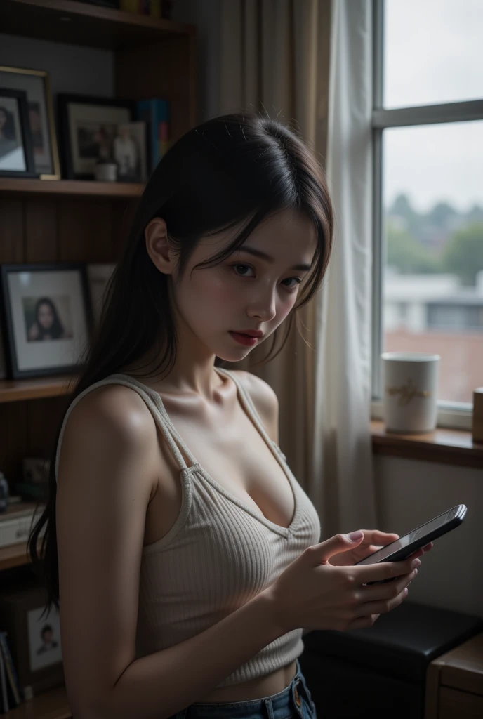 The model poses sitting on a chair, holding a can in one hand and resting the other hand on the backrest.