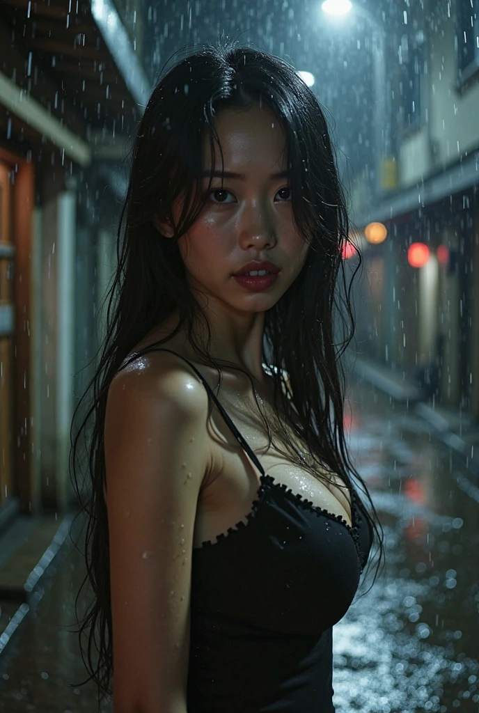 (highest quality、8k、High resolution、masterpiece:1.2)、Young and beautiful woman、(Spread your legs)、(Squat)、(reach sexual climax)、(Sexually climaxed facial expressions:1.6)、(luxury lingerie)、(Heavy rainfall:1.5)、(Motion Blur Effect:1.5)、(Wet body)、(Wet Hair)、Busy street at night、Gardenia-style straight hair、neon、(Looking at the camera)