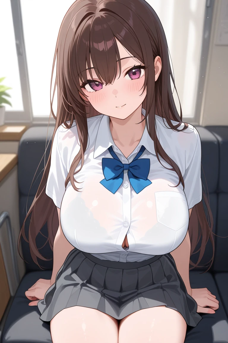 best quality, high resolution, from above, (looking away:1.2), kouhai-chan, 1girl, brown hair, blue eyes, long hair, 1mole under eye, huge breasts, black hair, bangs, skirt shirt, cleavage, collarbone, white shirt, pantyhose, indoors, high heels, pencil skirt, high-waist skirt, office, solo focus, cowboy shot, window, chair, sitting, low ponytail
