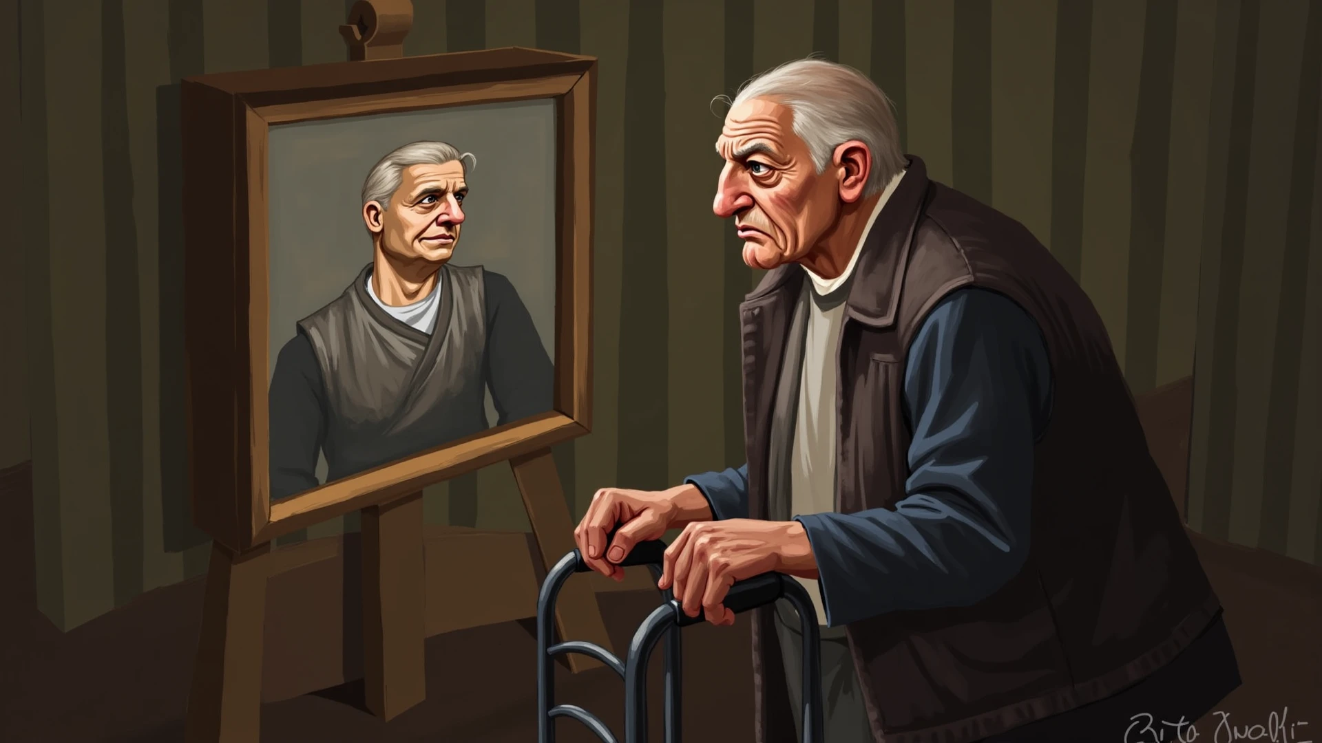 Create a vintage poster style art, for the horror story, The Man at the Bus Stop (In Portuguese), by the author Thiago Lopes, which tells the story of a bald and bitter bar owner who finds a naked old man at night and discovers that the man is dead, waiting for the bus that will take you to the other side.