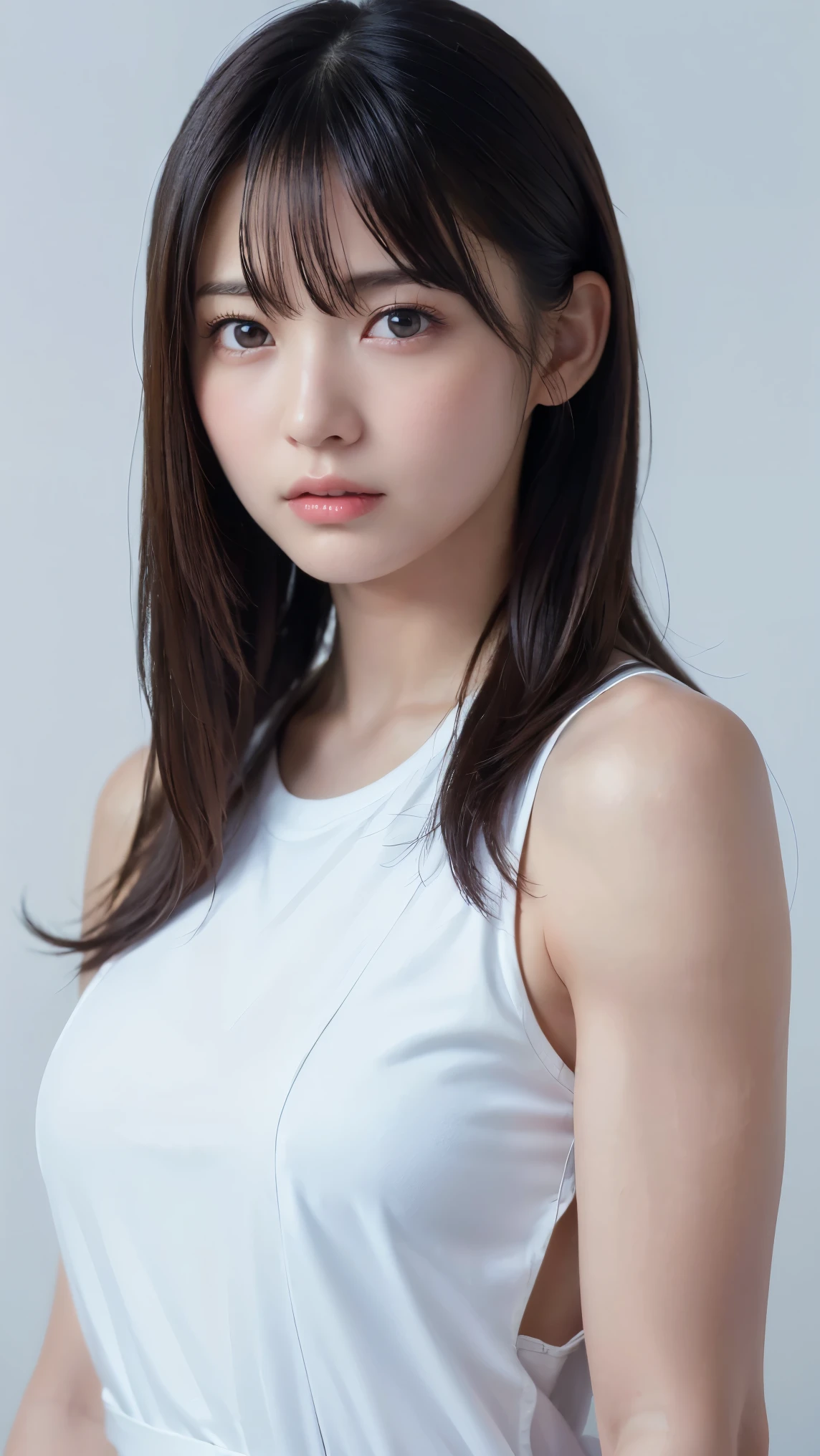 1girl, 19yo, woman, masterpiece, best quality, highest quality, cinematic lighting, (volumetric lighting), extremely detailed CG unity 8k wallpaper, focused, 8k wallpaper, extremely detailed, ultra realistic, photorealistic, sharp focus, absurdres, (HDR:1.2), (high contrast), photograph, detailed and intricate, instagram, portrait, highly detailed, digital painting, artstation, concept art, smooth, sharp focus, illustration, (whole body:1.2), (big breast:1.3), look at the viewer, white tanktop, tank top straps sag.