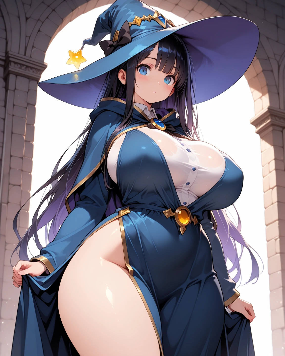 ((1 curvy woman)),((with long purple hair)),((huge breasts)),((with a big dress, purple and blue, a cut on her breasts)),((and holding an erome staff box)),((with a purple and pink witch hat, with one blue and one purple eye)),standing at night