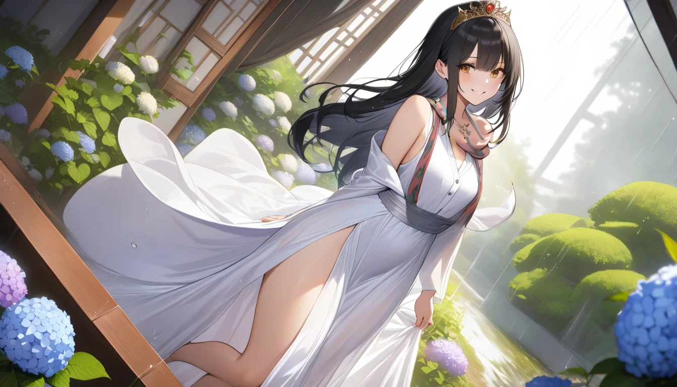 masterpiece, best quality, very aesthetic, absurdres, 1girl, mature_lady,white_dress,(cum_on_body:1.2),,tokisaki_kurumi(date_a_live), black_hair, heterochromia, red_eye, yellow_eye,hairband, lolita_hairband, twintails,,Wallpaper Fusion, dappled sunlight, day, flower, hydrangea, leaf, light rays, nature, outdoors, path, plant, purple flower, scenery, stairs, sunlight, torii, tree, wisteria,luminous butterflies, fluttering butterflies,