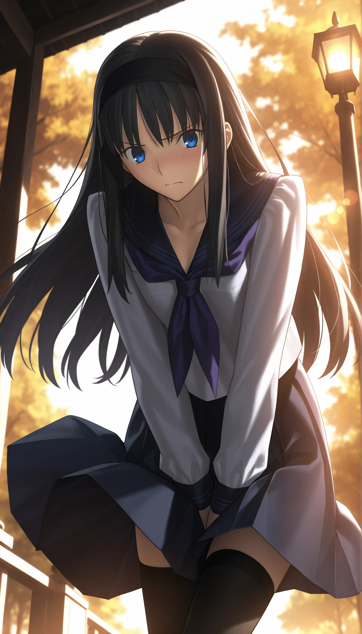 masterpiece, , absurdres, highres, detailed background, high resolution, masterpiece, necessary, detail, best quality, quality, necessary, details, High details, Precise, dark, outdoors, dappled sunlight, (evening, lamp), lens flare, blurry background, from below, solo,
1girl, Takeuchi Takashi (type-moon,tsukihime) style, takeuchi takashi style,((wind lift)) , (pantie shot) ,(panicking) ,arms between legs,
tall girl, mature, Akiha_Tohno, (tsukihime), black hair, bangs, long hair, blue eyes, black headband, straight hair, tsurime, long sidelock, black thighhigh, bent over,
(school uniform , sailor collar , serafuku , light blue shirt , long sleeves , purple neckerchief , blue neckerchief ), white panties, , black skirt , pleated skirt , (small breasts, flat chest), , looking at viewer, light embarrassed ,