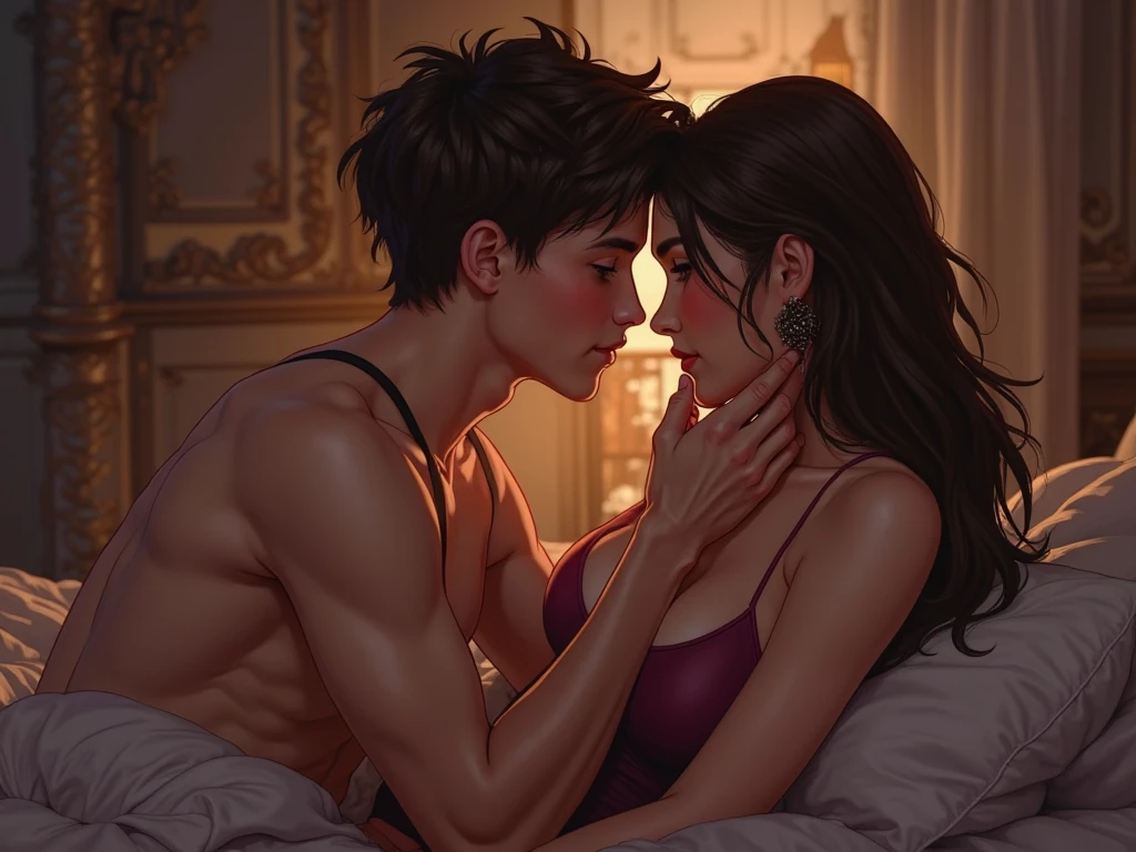 1 sexy stepmother, 1innocent young boy, looking at each other affectionately, --auto --s2
