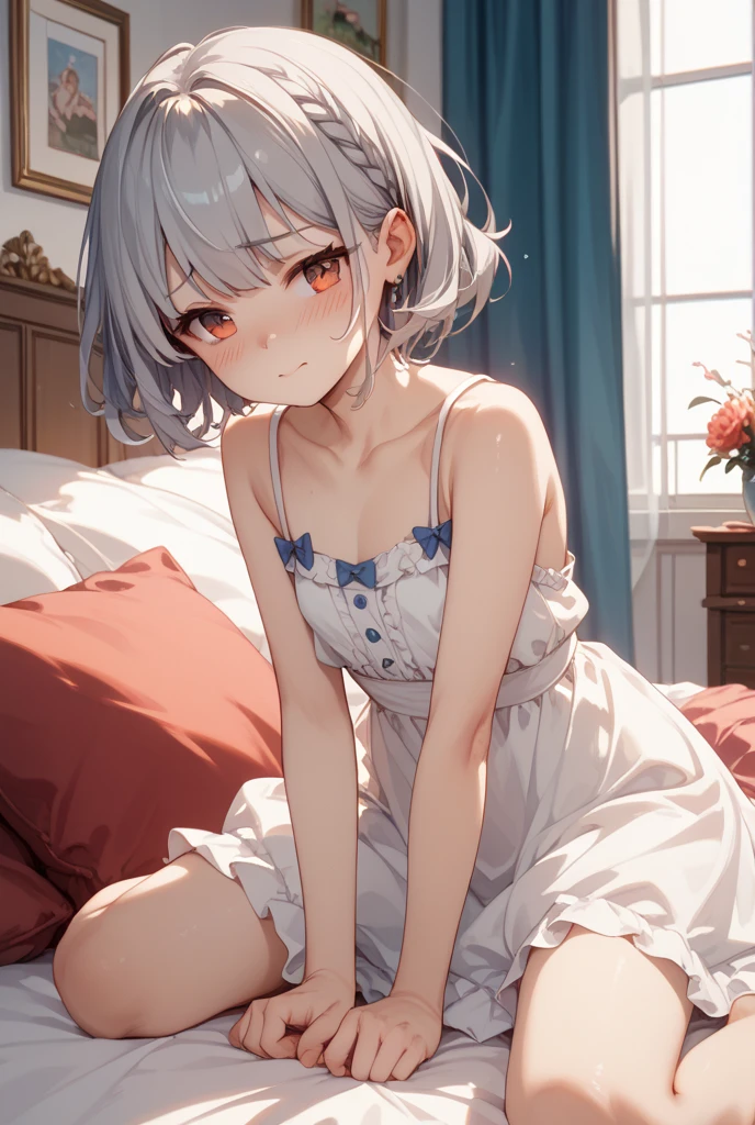 masterpiece, best quality, 1 girl, solo,6 years old, small breasts, Perfect Face, beautiful, nice, anime, girl, tradition, ph Bronya, , Earrings, medium length hair, Gray Hair, Grey Eyes, pantyhose, bedroom,