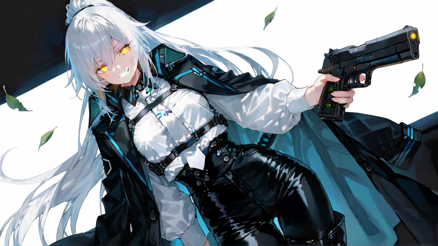 Create an image of Kal'tsit from Arknights. Kal'tsit is a tall, slender woman with an air of authority and grace. She has long, flowing silver hair that reaches her waist, often seen with a few loose strands framing her face. Her eyes are a striking emerald green, exuding wisdom and a calm intensity.
Her facial features are sharp and refined, with high cheekbones, a straight nose, and a slightly pointed chin. She has a composed and serene expression, rarely showing strong emotions, which adds to her mysterious and enigmatic aura.
Kal'tsit's outfit is a blend of futuristic and medical aesthetics. She wears a long white lab coat with black accents, which reaches down to her ankles. Underneath, she has a fitted black bodysuit that emphasizes her slim figure. The bodysuit is decorated with various technological elements, including glowing lines and symbols, hinting at her advanced medical knowledge and expertise.
She also wears black gloves that extend to her elbows, and sturdy black boots with silver detailing. Around her waist, she has a utility belt with various medical tools and devices. A distinctive feature of her attire is a choker with a small, glowing pendant.
Kal'tsit's overall appearance should convey a sense of intelligence, authority, and calm, reflecting her role as a senior member of Rhodes Island and a strategic advisor.